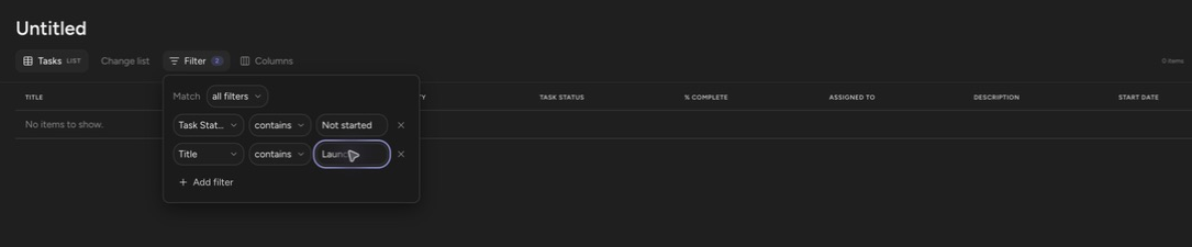 A Base document over a SharePoint list with two filters and the Match selector open