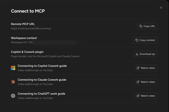 The Connect to MCP settings with the Remote MCP URL and client guides