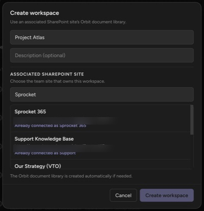 The Create workspace dialog with a name and followed SharePoint sites