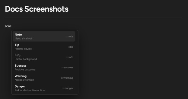 The slash menu filtered to the Note, Tip, Info, Success, Warning, and Danger callouts