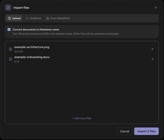 The Import files dialog with a Word document and PNG queued and document conversion enabled
