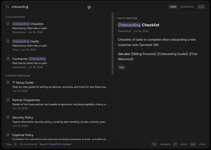 The command palette showing title and content matches with a note preview pane