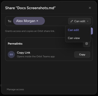 The Share note dialog with a person selected, the permissions menu open, and Permalinks below