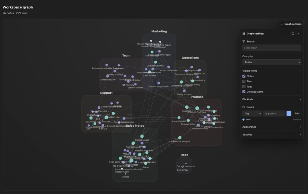 The workspace graph grouped by folder with the graph settings and a color rule visible