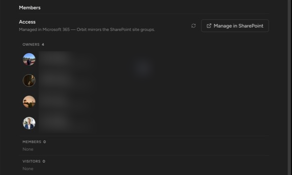 A team workspace Members section with Owners, Members, Visitors, and Manage in SharePoint