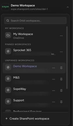 The workspace switcher with search, My Workspace, Pinned workspaces, and Unpinned workspaces