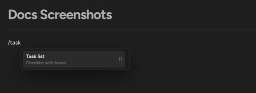 The slash menu filtered to task with Task list highlighted